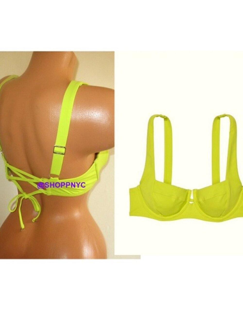 38D VICTORIA SECRET SWIM Lace-Up Back Strappy Bikini Top Neon Lime Green  NWT